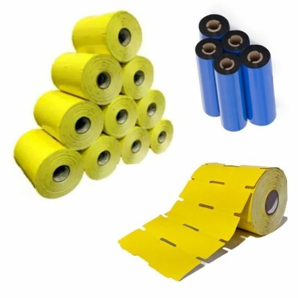 Kit com 10 Rolos de Etiqueta Adesiva Gôndola Papel Couchê 105x30 + 5 Ribbons Cera - Amarelo